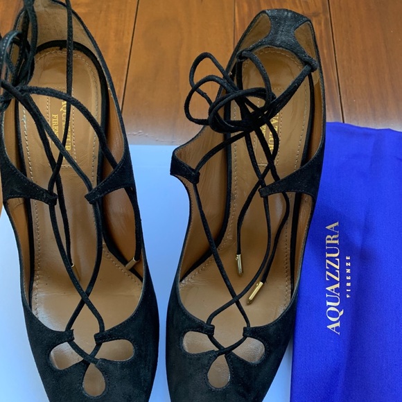 Auth Aquazzura Dancer block heel black suede 38.5 - Picture 2 of 7